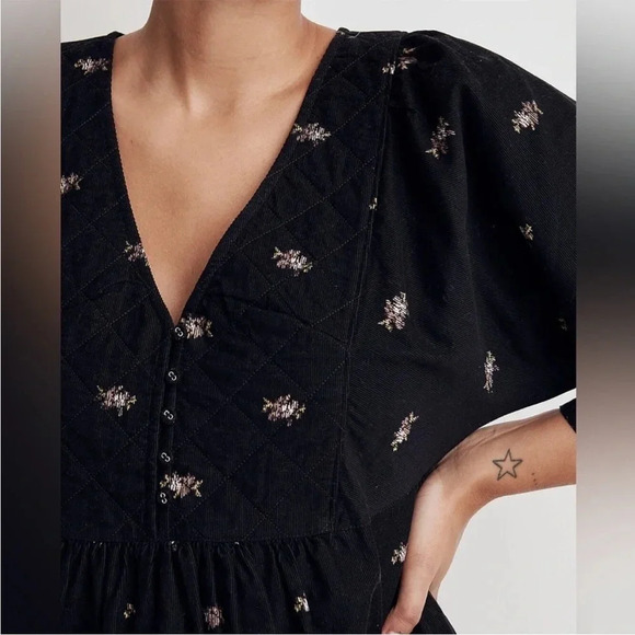 Womens Black Madewell Corduroy Quilted-Bib Mini Dress in Blurred Ikat Item NI714 - Picture 3 of 6